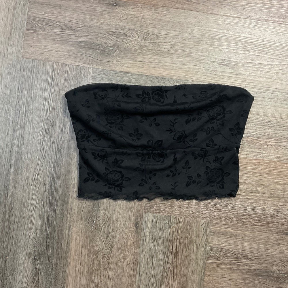 Forever 21 Rose Print Floral Mesh Tube Top Womens Large Black Goth Sheer Y2K - Picture 1 of 7